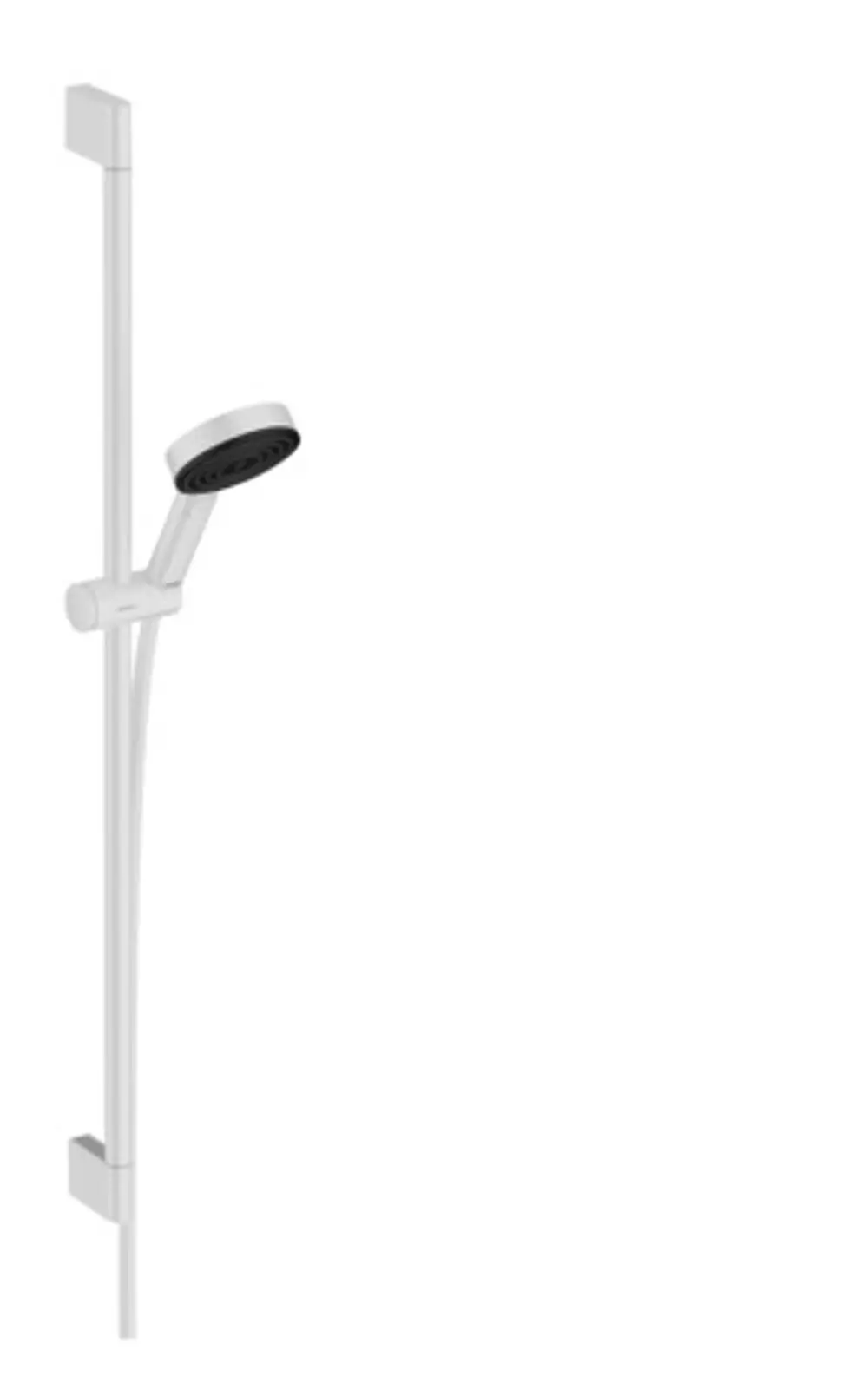 Hansgrohe Brauseset mit einer weißen Brausestange und einem dekorativen Duschkopf, der an der Wand montiert ist.